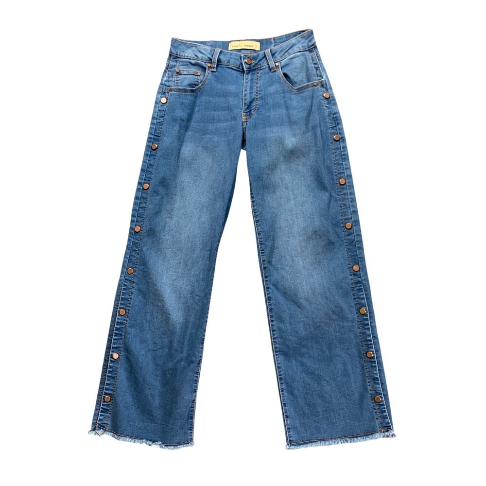 Love Trends Jeans Womens 7 Blue Wide Leg Snaps Side Frayed Hem Mid Rise Denim